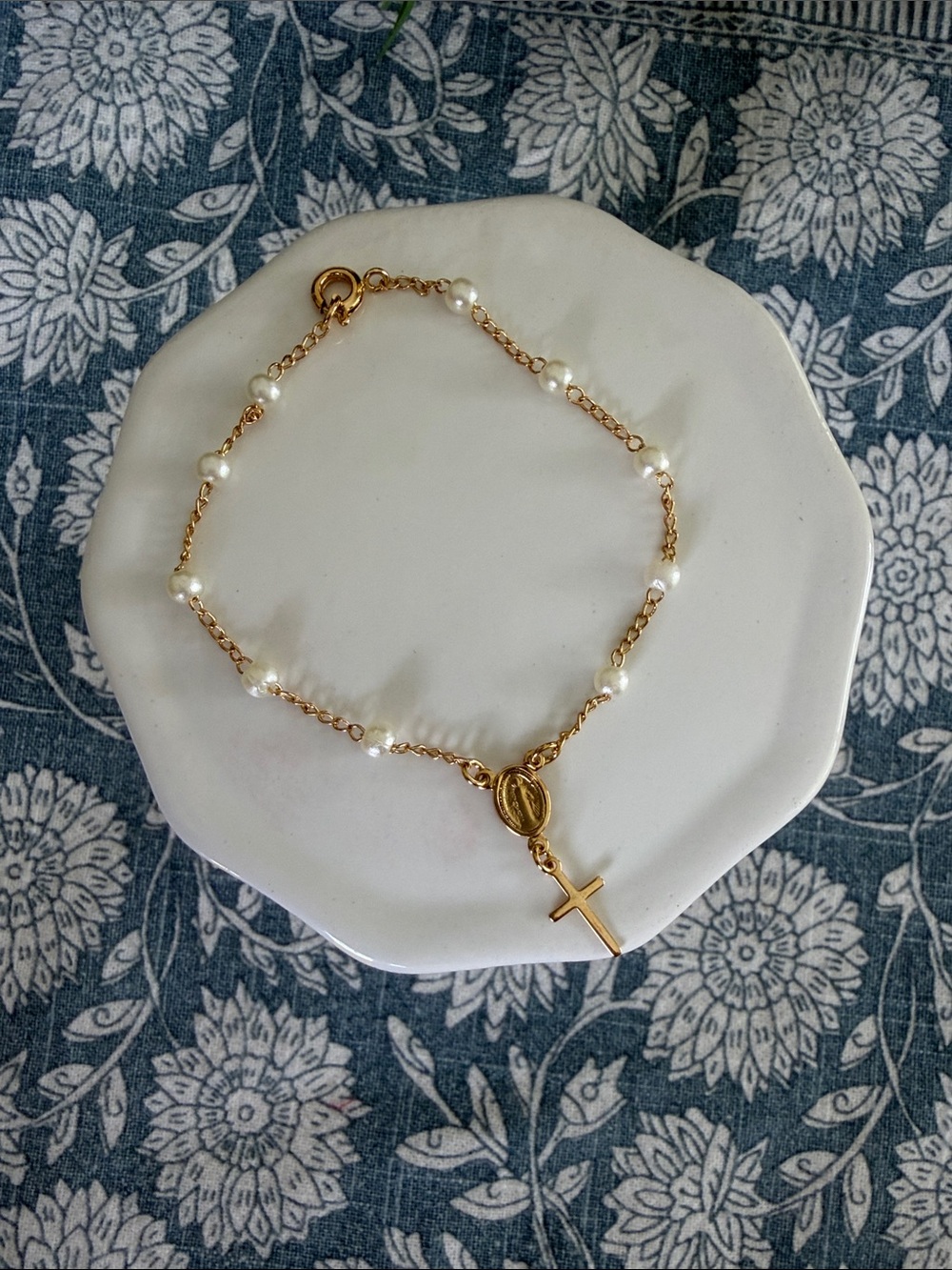 18k Gold Filled Pearl Rosary Bracelet with Cross Charm - Women Jewelry
